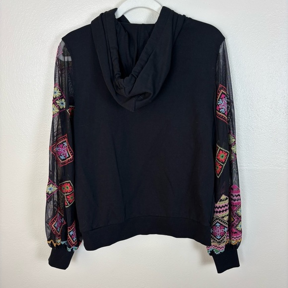 Desigual Amore Hoodie Women's M Black Embroidered Mesh Sleeve Sweatshirt Sheer - Picture 4 of 6